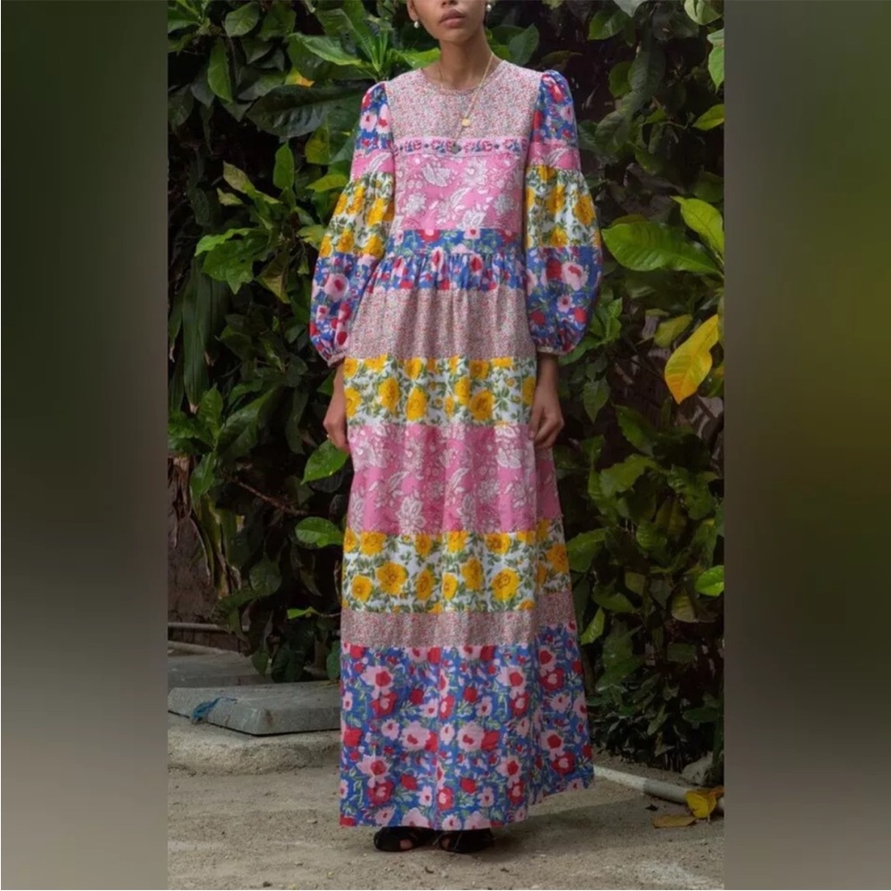 Alix of Bohemia “Jemima” Floral Patchwork Cotton Balloon Sleeve Maxi Dress